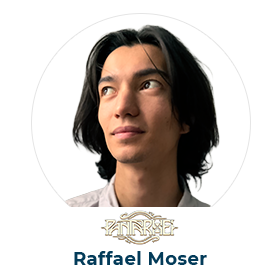 Foto von Rafael Moser mit längeren schwarzen Haaren und Logo von Panta Rhei