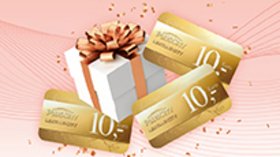 Hellroter Hintergrund mit Bild weißes Paket mit goldener Schleife und PlusCity-Gutscheinen