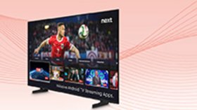 Symbolbild Fernseher mit next Oberfläche auf hellrotem Gesamthintergrund