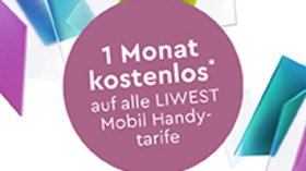 Werbesujet LIWEST Mobil 1 Monat kostenlos – Freiheit erleben. Dein Handytarif ohne Bindung mit bunten Elementen in helllila, türkis und hellgrün