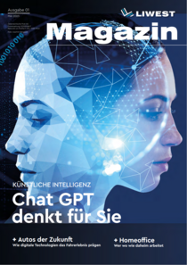 LIWEST Kundenmagazin Mai 2023 Cover LIWEST Magazin #02 Mai 2023 Symbolbild KI Portraitköpfe gespiegelt