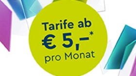 Werbesujet LIWEST Mobil mit hellgrünen Button Text Tarif ab € 5,–* pro Monat mit Elementen in helllila, türkis und hellgrün