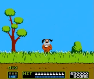 Bildschirmfoto vom Spiel Duck Hunt mit Hund auf Wiese