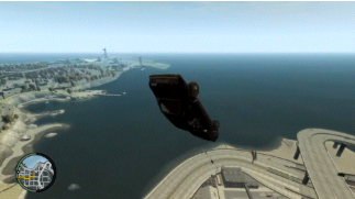 Bildschirmfoto aus GTA 4, wo Auto durch die Luft fliegt