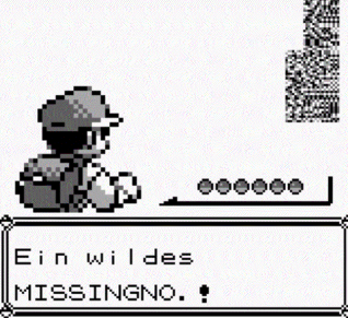 Bildschirmfoto von Pokemon Spiel auf Game Boy mit Ash und Pokemon Missing No als verpixeltes Tier