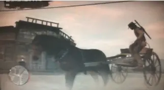 Bildschirmfoto aus Red Dead Videospiel, wo Spielcharakter auf springenden Pferdewagen aufspringt