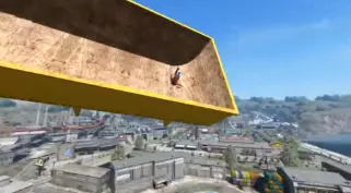 Phsyik Bug in Skate. Spielcharakter sitzt in einem Container der durch die Luft fliegt