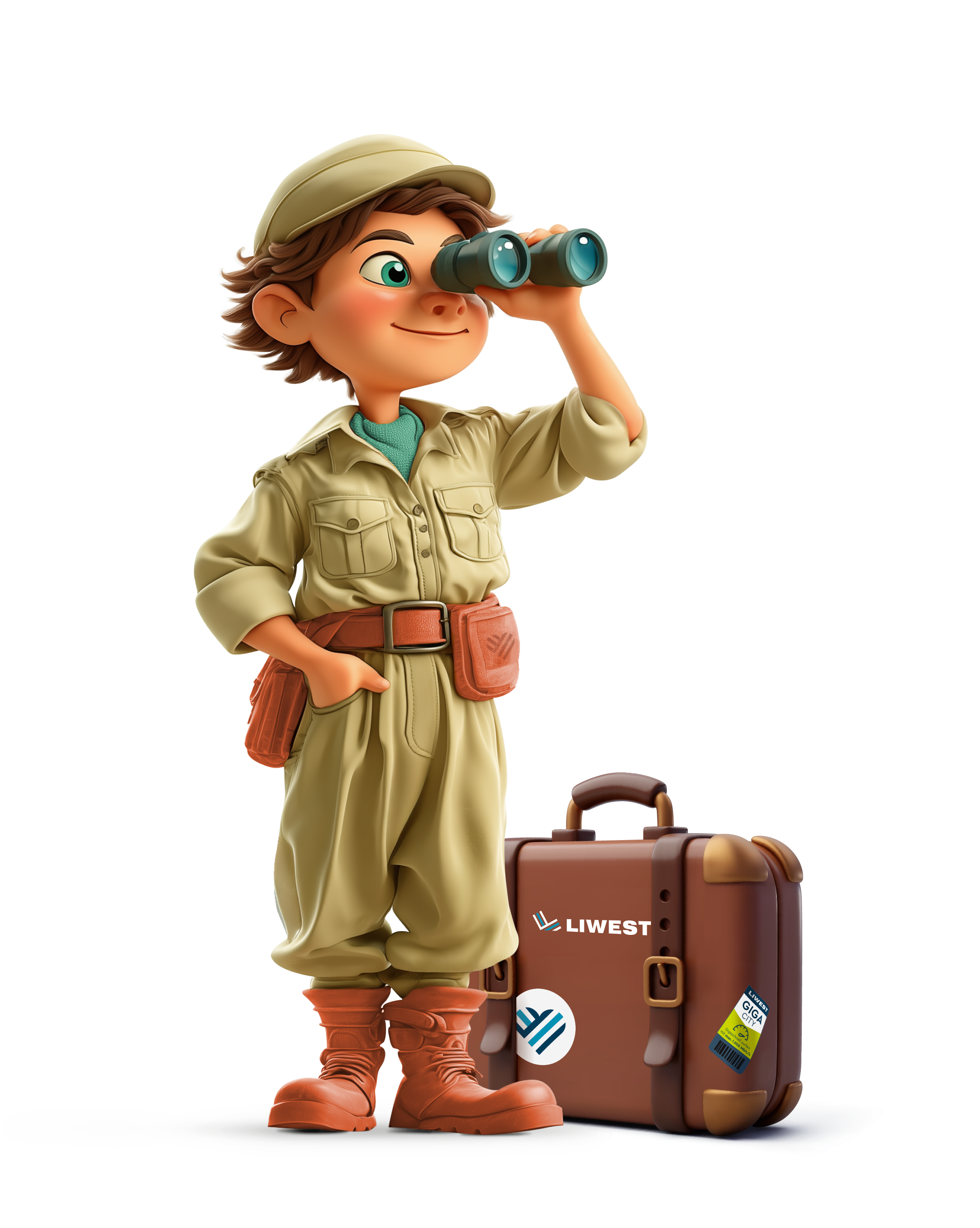 LIWEST Caring Explorer, Comicfigur in hellgrünem Saffarioutfit blickt durch Fernglas mit braunem Lederkoffer am Boden daneben