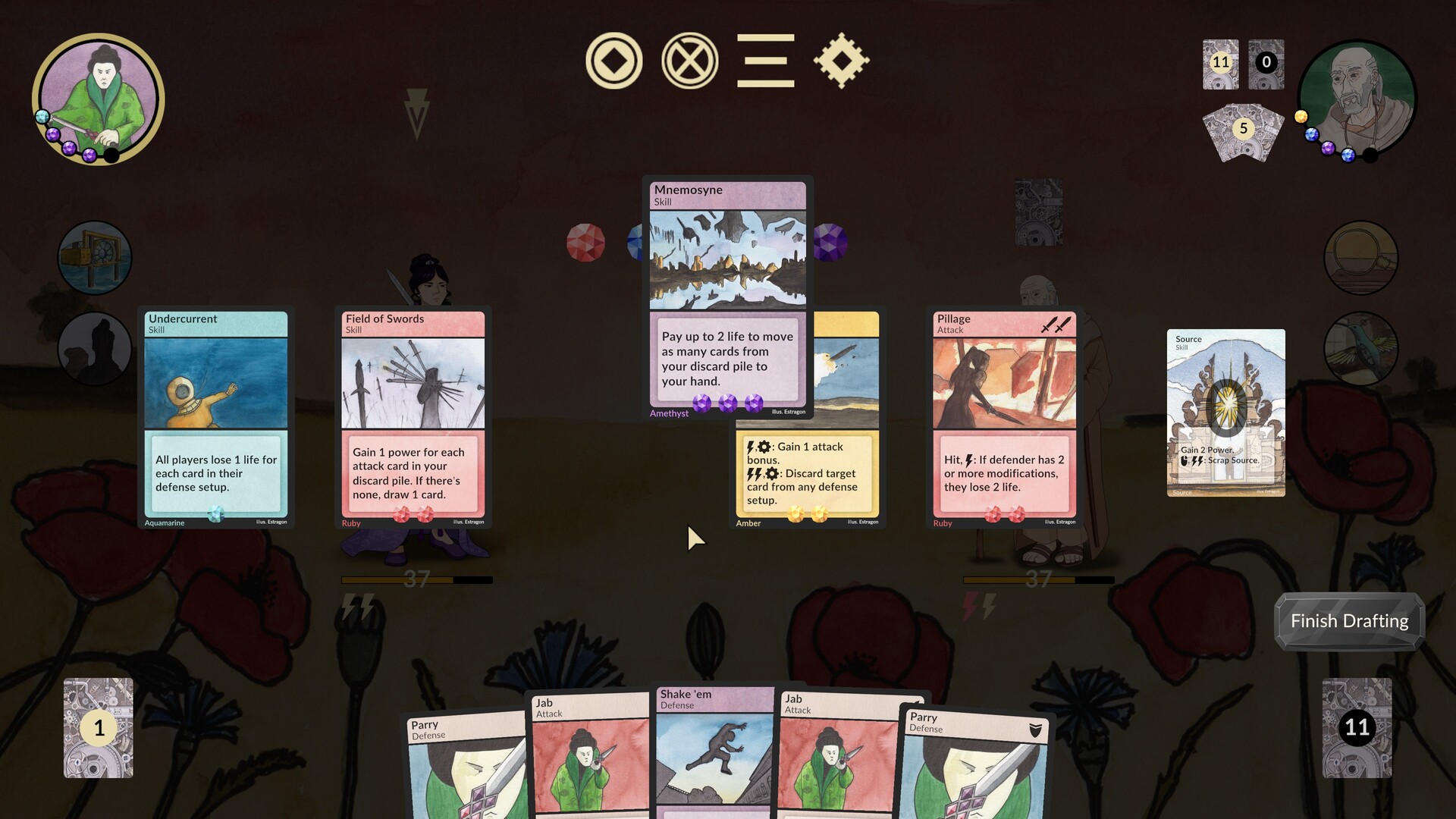 Screenshot Kartendecks aus dem Spiel Gemwielders