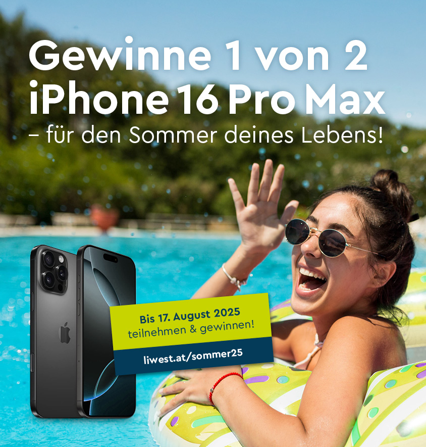 LIWEST Sommergewinnspiel 2025 Frau auf Matraze in Swimmingpool mit Symbolbild Apple iPhone 16 Pro Max und Gewinnspieltexte