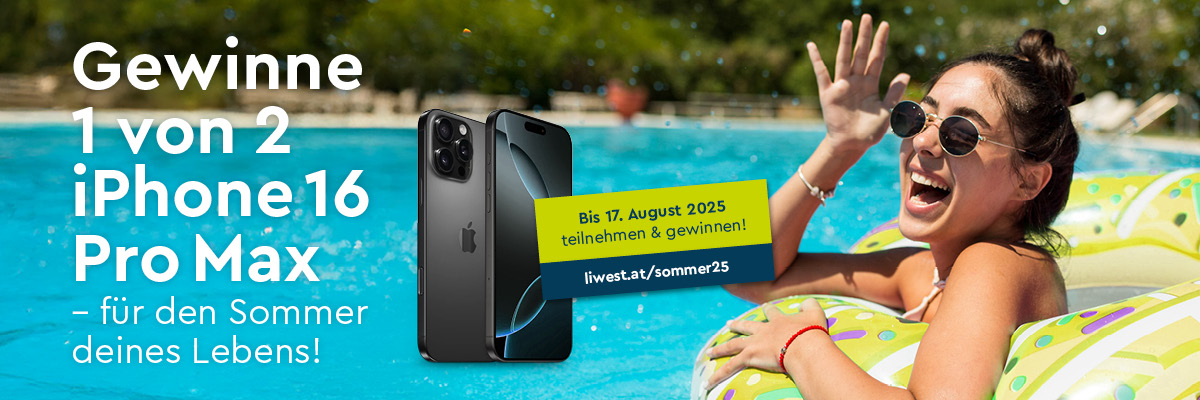 LIWEST Sommergewinnspiel 2025 Frau auf Matraze in Swimmingpool mit Symbolbild Apple iPhone 16 Pro Max und Gewinnspieltexte