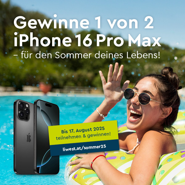 LIWEST Sommergewinnspiel 2025 Frau auf Matraze in Swimmingpool mit Symbolbild Apple iPhone 16 Pro Max und Gewinnspieltexte