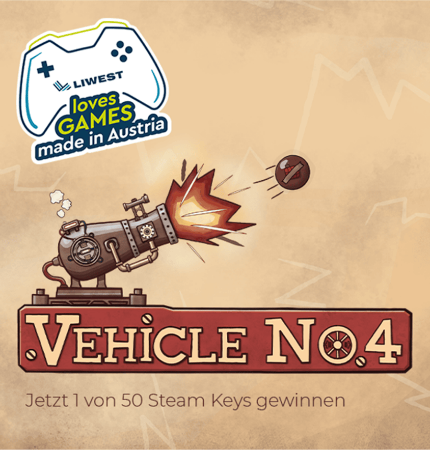 Logo hellbraun Spiel VEHICLE NO. 4 mit Schriftzug plus mittelalterlicher Kanone und LIWEST Gaming Logo dunkelblau mit Kontroller