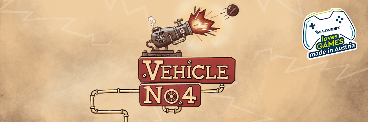Logo hellbraun Spiel VEHICLE NO. 4 mit Schriftzug plus mittelalterlicher Kanone und LIWEST Gaming Logo dunkelblau mit Kontroller