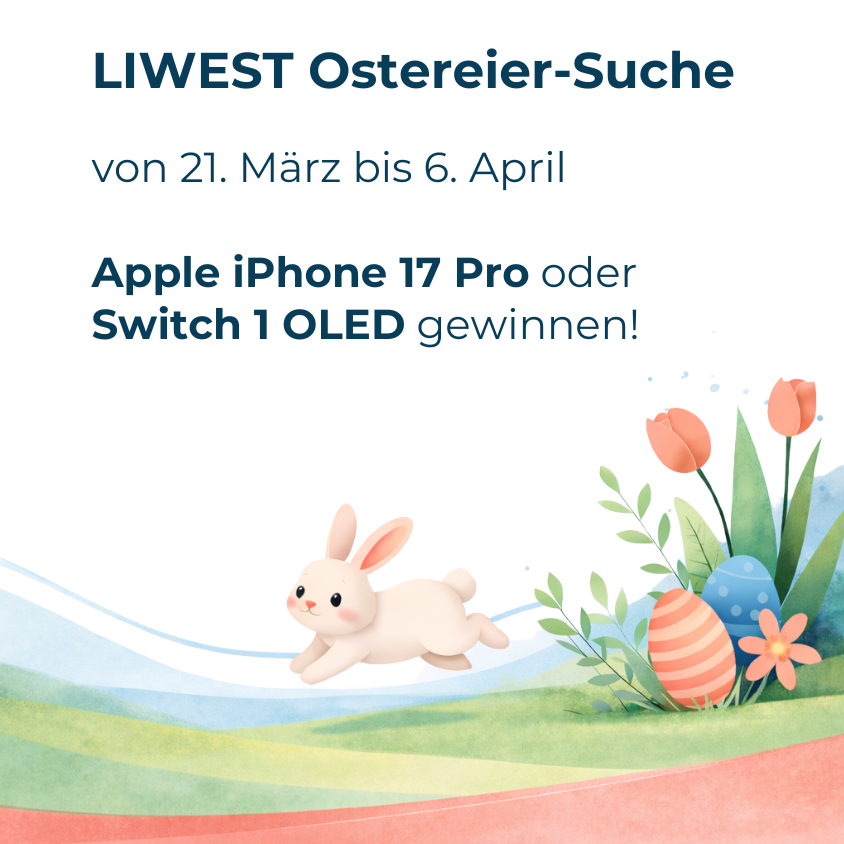 LIWEST Ostereier-Suche mit Blumenwiese, bunt bemalten Ostereiern und Hasen der über die Wiese hoppelt