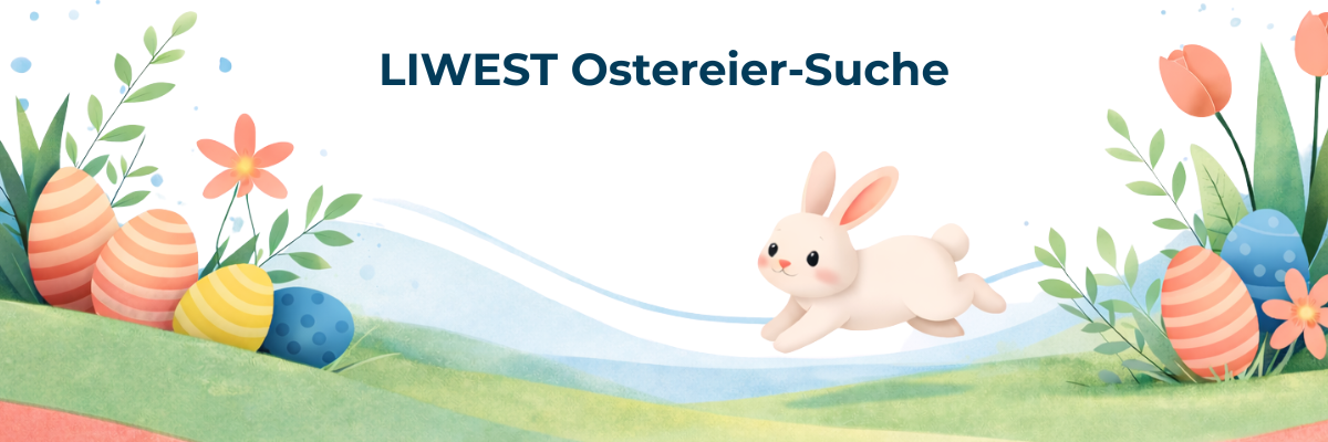 LIWEST Ostereier-Suche mit Blumenwiese, bunt bemalten Ostereiern und Hasen der über die Wiese hoppelt