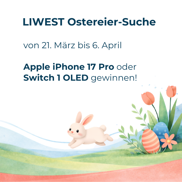 LIWEST Ostereier-Suche mit Blumenwiese, bunt bemalten Ostereiern und Hasen der über die Wiese hoppelt