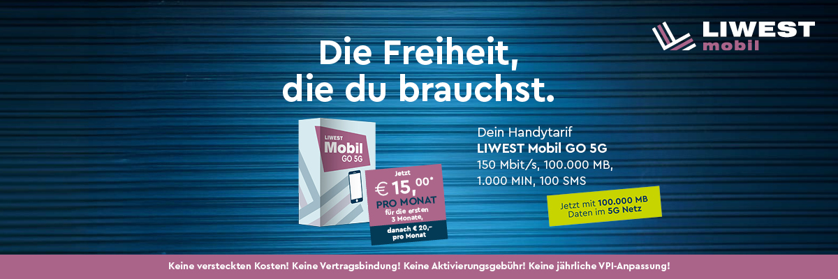 LIWEST Mobil GO 5G Tarif mit Produktbox ab 15 Euro pro Monat und Störerbox mit Text Jetzt mit 100.000 MB Daten im 5G-Netz als Überschrift der Claim Die Freiheit, die du brauchst.