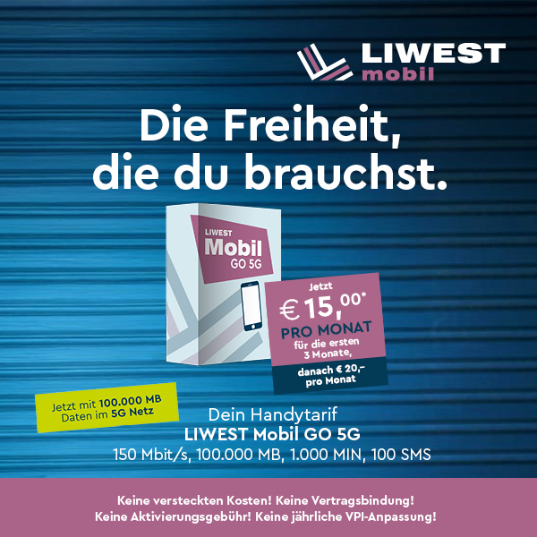 LIWEST Mobil GO 5G Tarif mit Produktbox ab 15 Euro pro Monat und Störerbox mit Text Jetzt mit 100.000 MB Daten im 5G-Netz als Überschrift der Claim Die Freiheit, die du brauchst.
