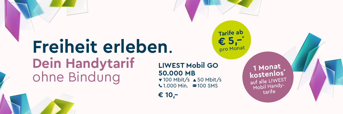 Werbesujet LIWEST Mobil 1 Monat kostenlos – Freiheit erleben. Dein Handytarif ohne Bindung mit bunten Elementen in helllila, türkis und hellgrün
