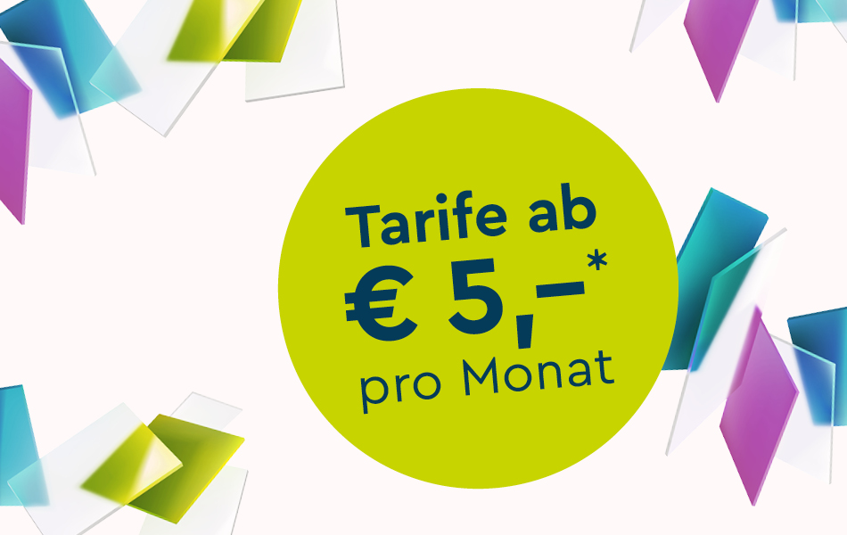 Werbesujet LIWEST Mobil mit hellgrünen Button Text Tarif ab € 5,–* pro Monat mit Elementen in helllila, türkis und hellgrün