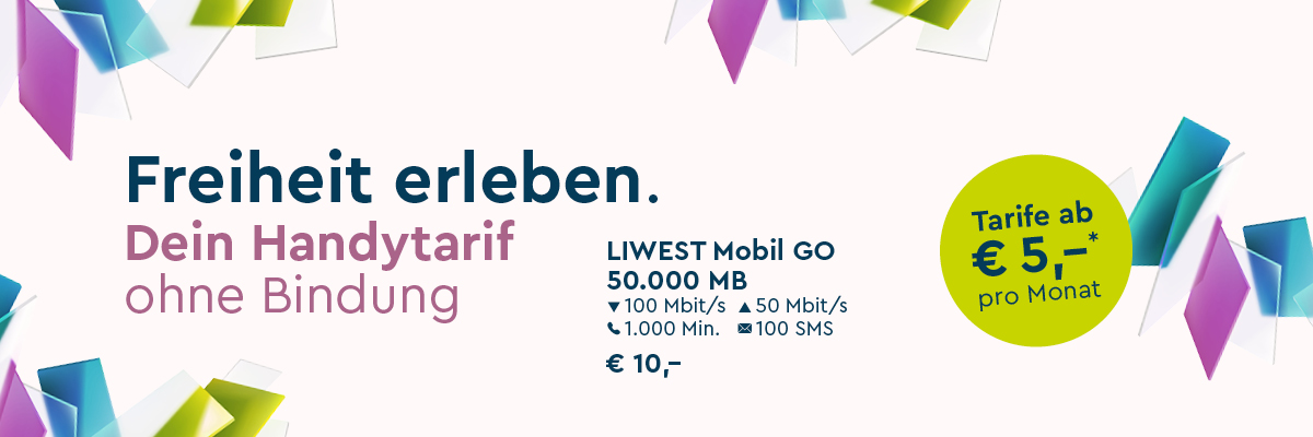 Werbesujet LIWEST Mobil Freiheit erleben. Dein Handytarif ohne Bindung mit bunten Elementen in helllila, türkis und hellgrün