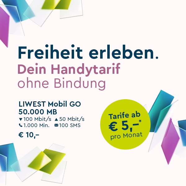 Werbesujet LIWEST Mobil Freiheit erleben. Dein Handytarif ohne Bindung mit hellgrünem Button und dunkelblauem Text Tarife ab € 5,–* pro Monat sowie bunten Elementen in helllila, türkis und hellgrün