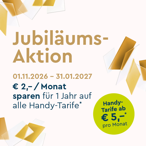 LIWEST Mobil Jubiläums-Aktion: Von 1. November 2026 bis 31. Jänner 2027 auf alle Handy-Tarife ein Jahr lang 2 Euro pro Monat sparen. Tarife ab 5 Euro monatlich.