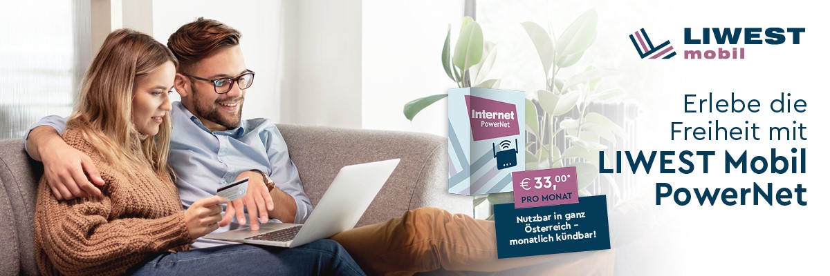 Frau und Mann auf der Couch mit Laptop am Schoss plus Logo und Produktbox LIWEST Mobil PowerNet