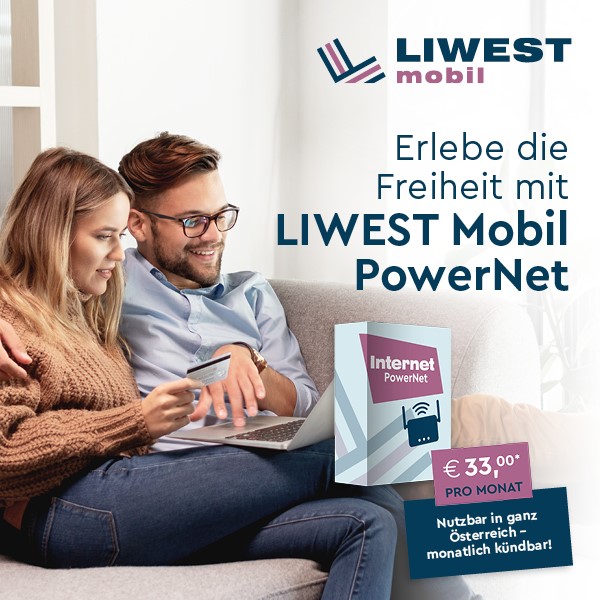 Frau und Mann auf der Couch mit Laptop am Schoss plus Logo und Produktbox LIWEST Mobil PowerNet