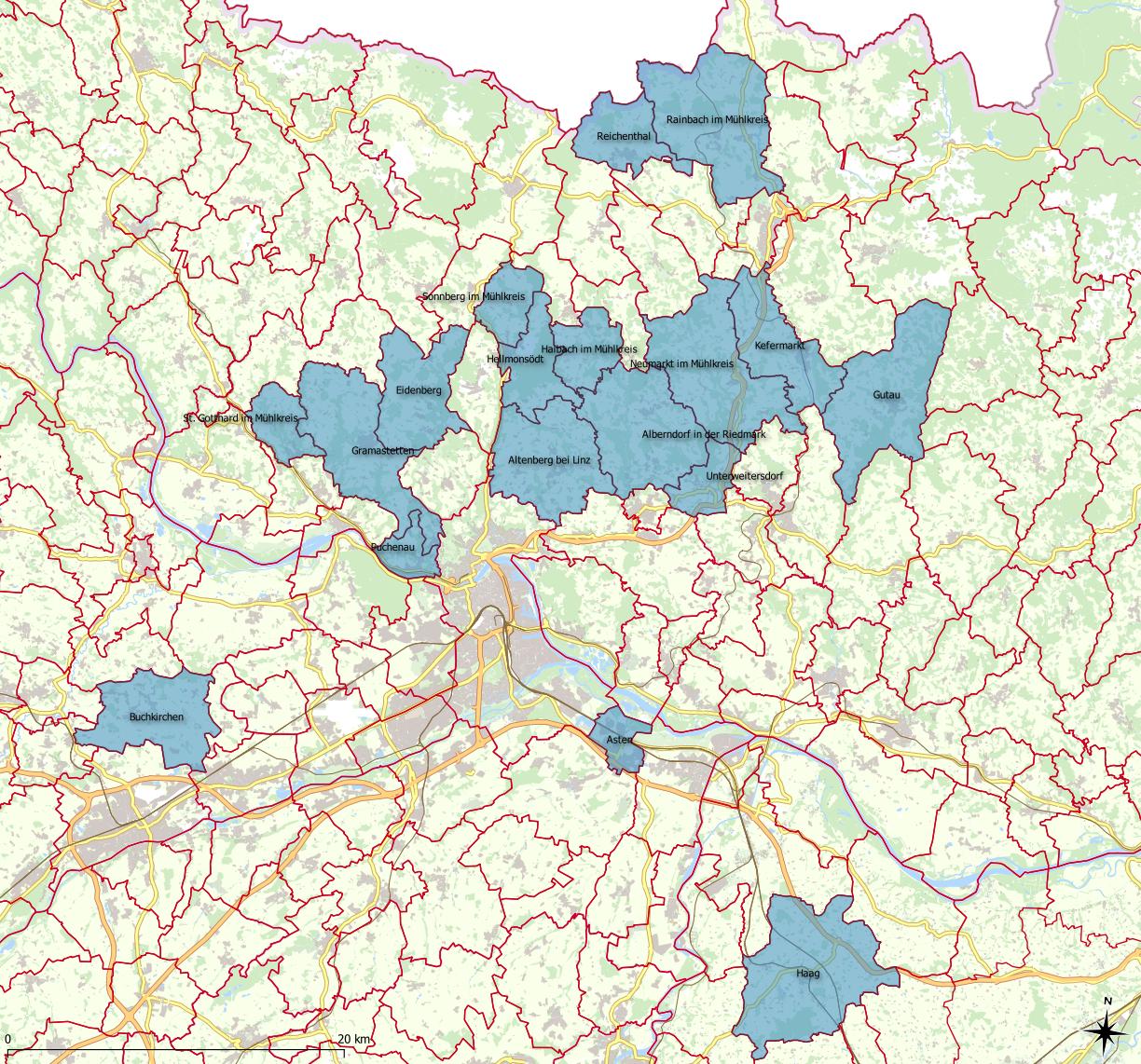 Karte Gebiet geförderter Breitbandausbau OÖ mit entsprechenden Gemeinden hellblau eingefärbt