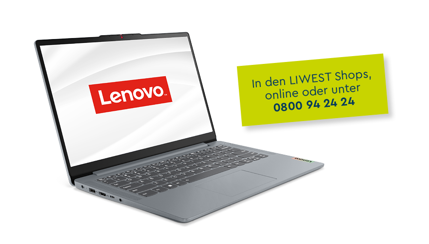 Lenovo Laptop mit Aufschrift "in den LIWEST Shops online oder unter 0800 94 24 24"