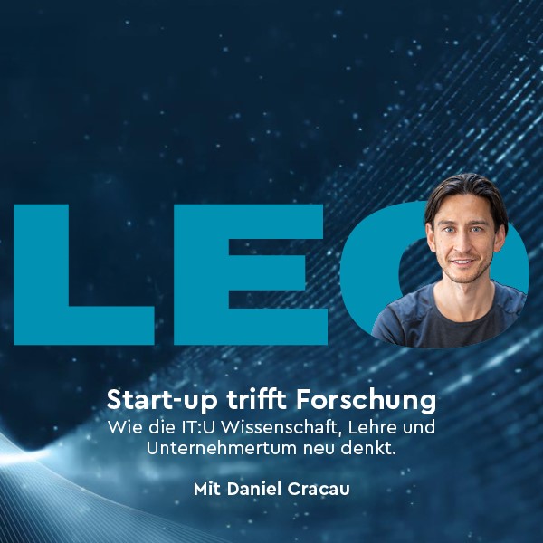 LEO Schriftzug in Großbuchstaben und LIWEST türkis mit Portraitfoto von Martina Mara im O, auf dunkelblauem Hintergrund mit hellem Lichtstrahl sowie Titel und Teasertext zum Podcast