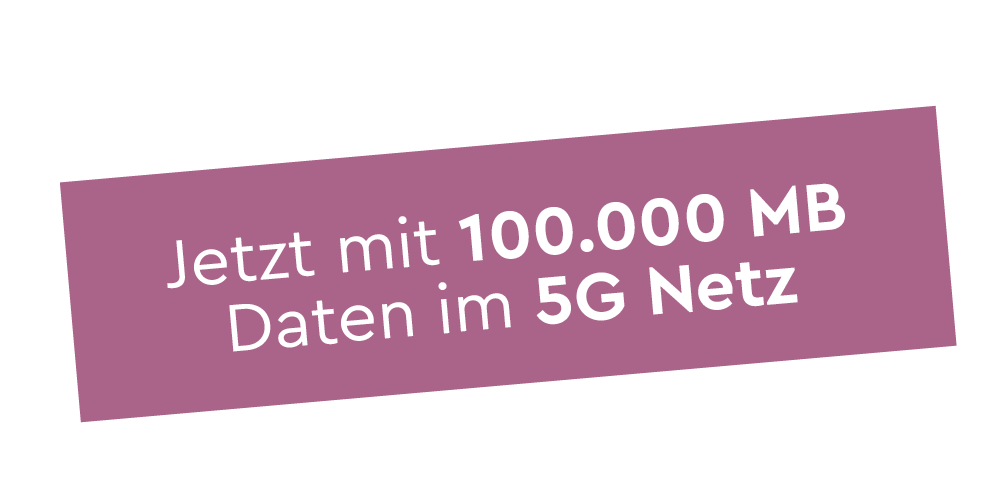 Störerbox in flieder mit weißem Text Jetzt mit 100.000 MB Daten im 5G Netz