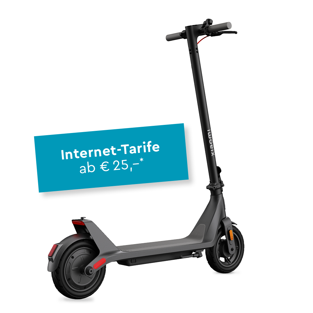 Nähere Infos nur einen Klick entfernt – Symbolbild E-Scooter und türkise Box mit Text Internet-Tarife ab 25 Euro