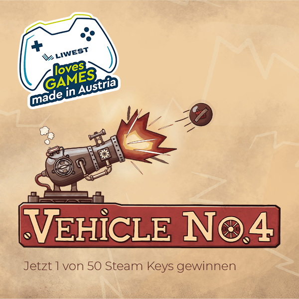 Logo hellbraun Spiel VEHICLE NO. 4 mit Schriftzug plus mittelalterlicher Kanone und LIWEST Gaming Logo dunkelblau mit Kontroller mit Text Jetzt 1 von 50 Steam Keys gewinnen