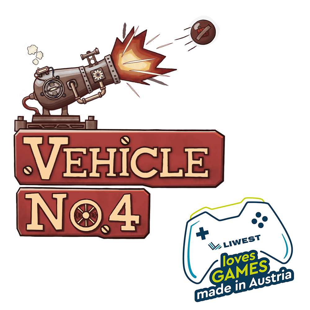 Logo hellbraun Spiel VEHICLE NO. 4 mit Schriftzug plus mittelalterlicher Kanone und LIWEST Gaming Logo dunkelblau mit Kontroller