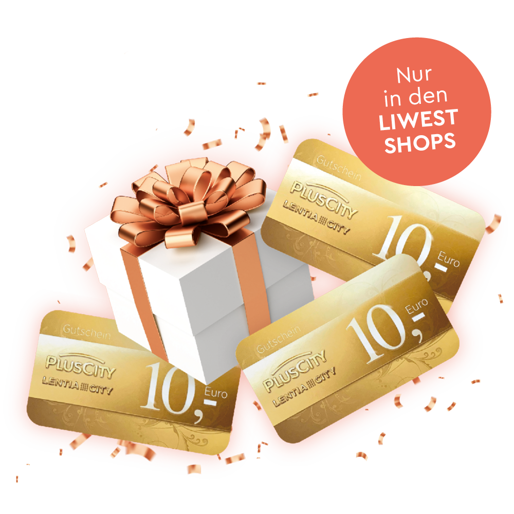 Bild weißes Paket mit goldener Schleife und PlusCity-Gutscheinen sowie roter Störer-Button nur in den LIWEST Shops