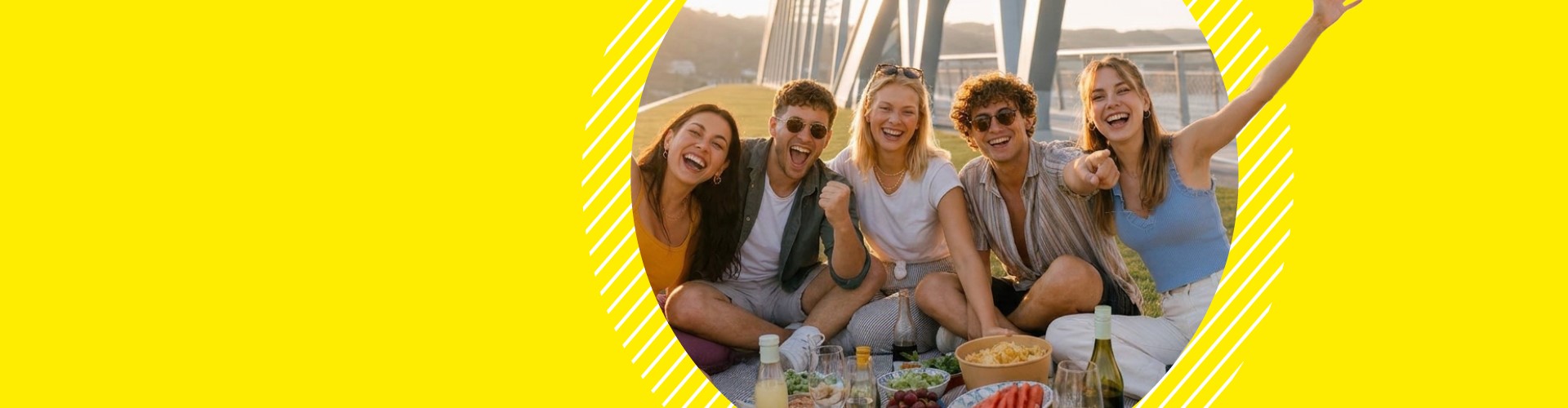 Gelber Hintergrund Jugendliche Picknick vor Brücke