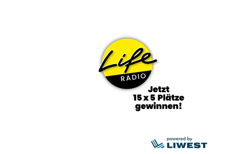 Drei Buttons mit Text: Jetzt 15 x 5 Tickets gewinnen!; Life Radio Logo; powered by LIWEST
