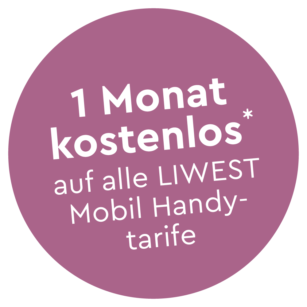 Button in helllila mit weißem Text 1 Monat kostenlos* auf alle LIWEST Mobil Handytarifeten Elementen in helllila, türkis und hellgrün