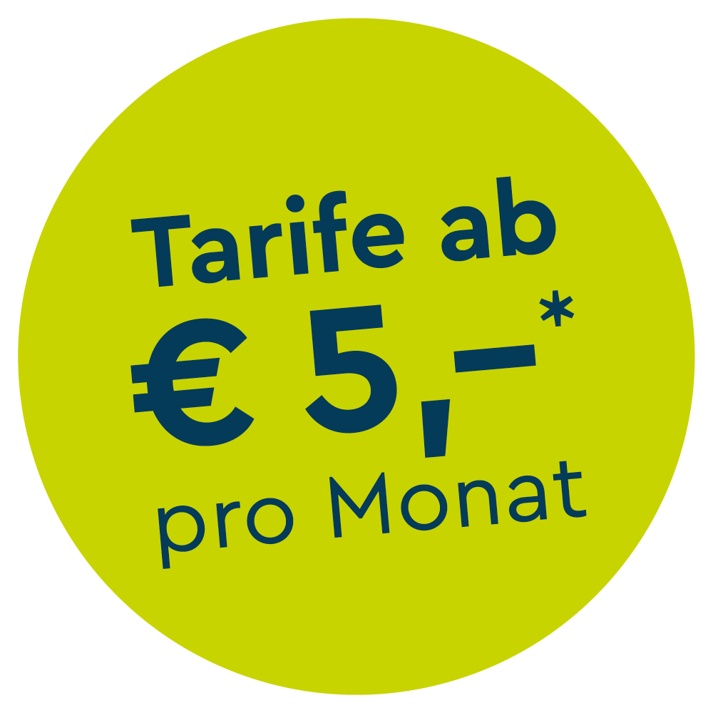Hellgrüner Button mit dunkelblauen Text Tarif ab € 5,–* pro Monat