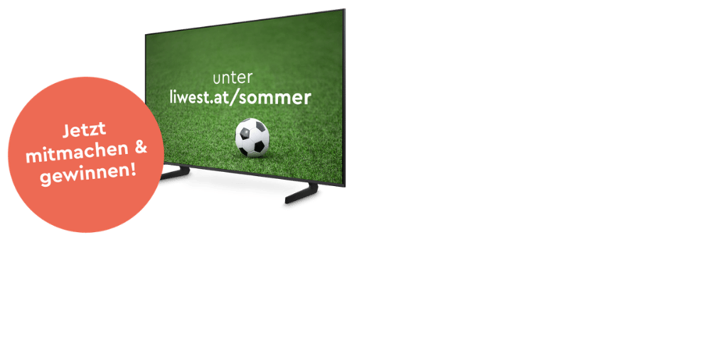 Hellroter Störerbutton mit Text "Jetzt mitmachen & gewinnen" und Symbolbild Fernseher mit Text auf Bildschirm "unter liwest.at/sommer"