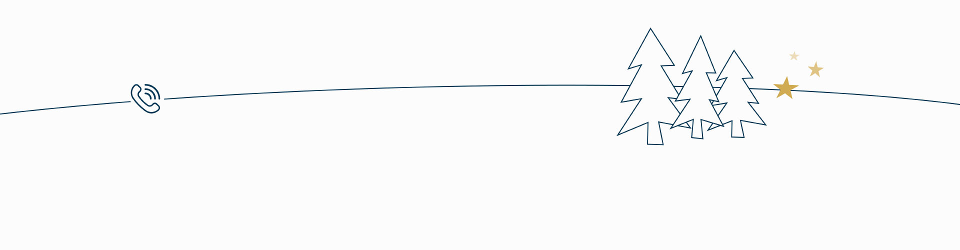 Weißer Hintergrund mit einem blauen Telefon, drei blauen Weihnachtsbäumen und goldenen Sternen am Horizont gezeichnet