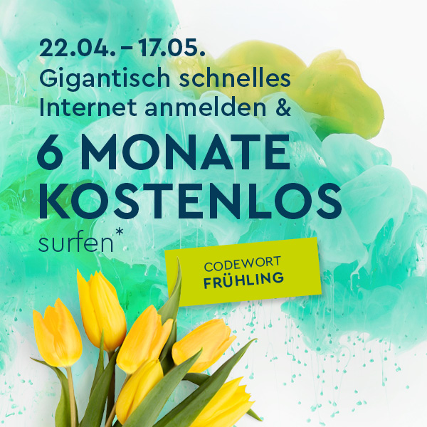 LIWEST Aktionskampagne Frühjahr 2025 6 Monate kostenlos grüne Wolke und gelbe Tulpen