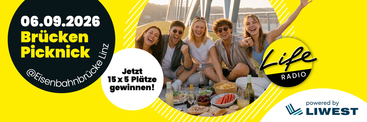 Gelber Hintergrund Jugendliche Picknick vor Brücke, vier Buttons mit Text: 06.09.2026 Brücken Picknick @Eisenbahnbrücke Linz; Jetzt 15 x 5 Tickets gewinnen!; Life Radio Logo; powered by LIWEST
