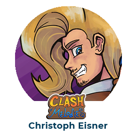 Figur aus Clash of Melodies mit blonden Haaren. Darunter Aufschrift Clash of Melodies und Christoph Eisner, der als Speaker auftritt.