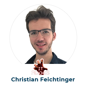 Foto von Christian Feichtinger mit Brille und rotes Logo von Videospiel It Reaches