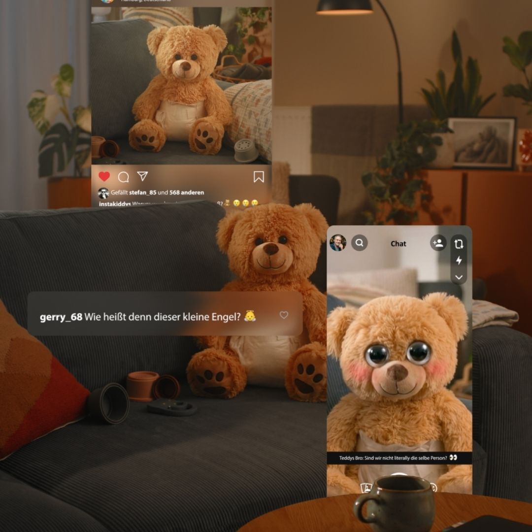 Mehrerer Fenster von Social Media mit Teddy im Bild und positiven Kommentaren dazu