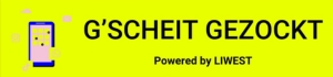 Mobiltelefon auf leuchtgelbem Hintergrund mit Text G'scheit gezockt powered by LIWEST rechts daneben